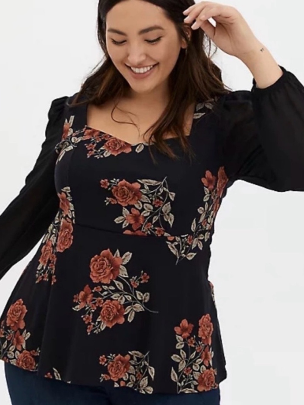 NWT Torrid Black Long-Sleeve Square-Neck Floral Peplum Top